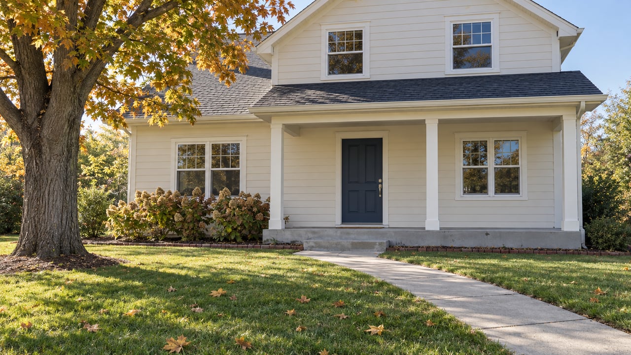 Cream-sided gabled home with a navy front door, broad lawn, amber maple and a concrete path to a covered porch.