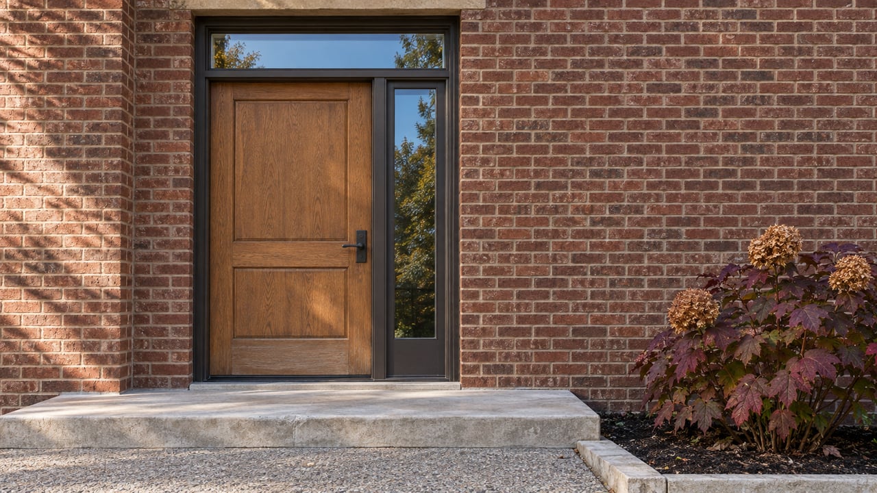 Morning light on an oak residential entry door, red-brown brick, and a limestone step beside burgundy oakleaf hydrangea.