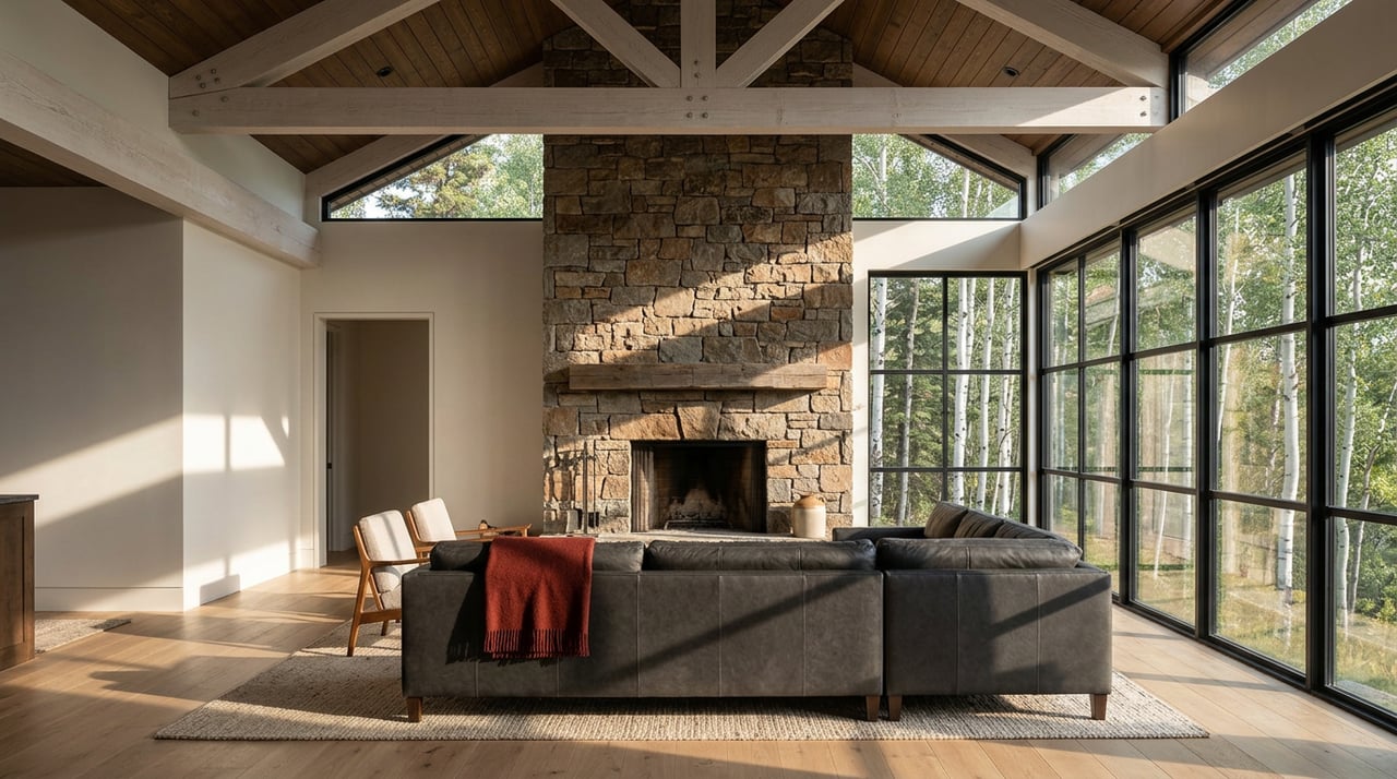 Mountain-modern great room with a stacked-stone fireplace, charcoal sectional, exposed timber trusses, and aspen trees beyond glass.