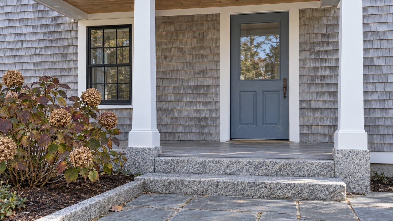 Weathered cedar-shingle home entrance with blue-gray door, white porch posts, granite steps and autumn hydrangea.