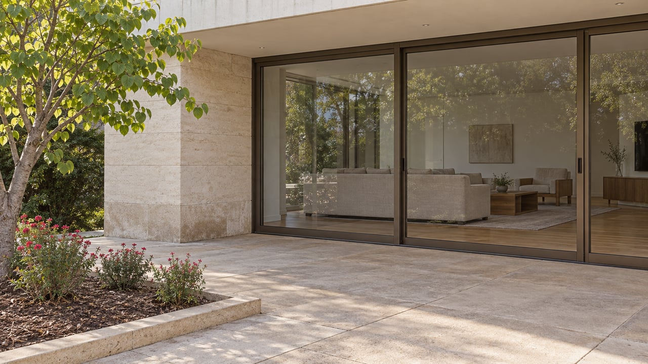 Covered limestone terrace beside bronze-framed living-room glazing, with warm wood flooring inside and a small flowering bed at the edge.