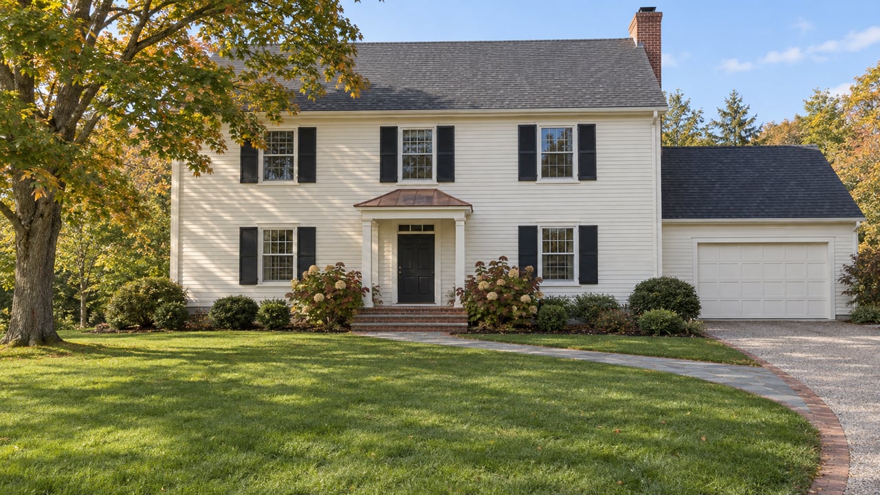 An ivory clapboard home with black shutters, a brick entry, broad front lawn and a mature maple in early autumn light.