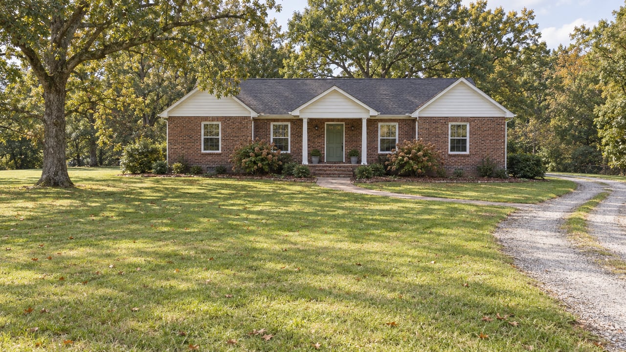 A modest brick home with a white-columned porch sits beyond a broad lawn, framed by mature oak trees and a curved gravel approach.