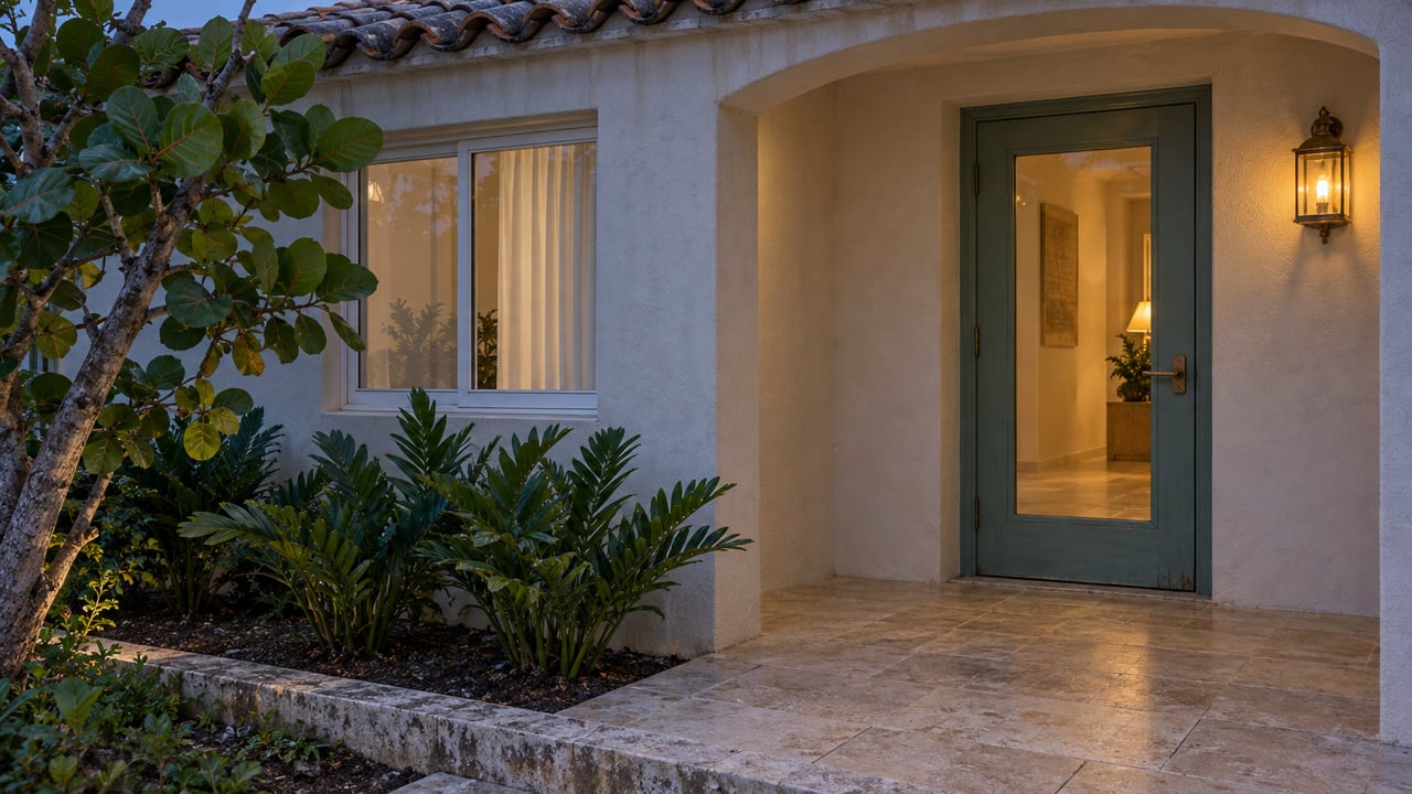 A sea-green glazed front door and warmly lit window beneath a clay-tile porch, with limestone paving and a small planted bed at dusk.