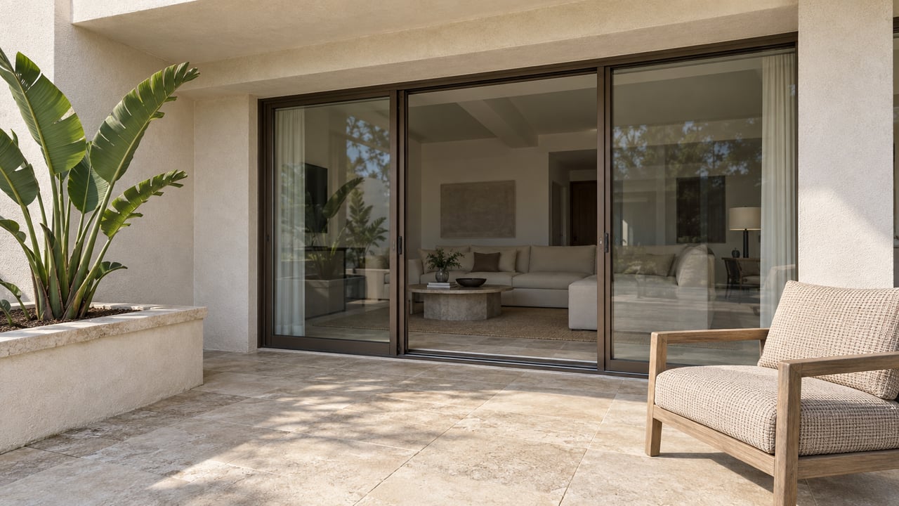 A sunlit private lanai with pale limestone flooring, bronze-framed glass doors, a teak lounge chair and a bird-of-paradise plant.