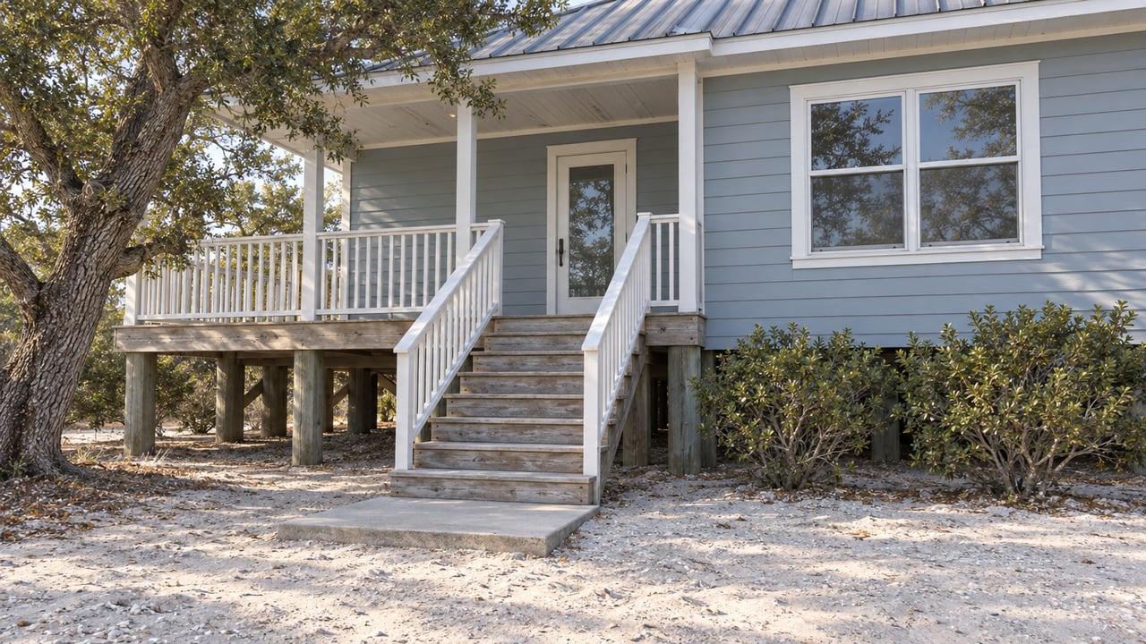 Blue-gray elevated cottage with a covered porch, weathered timber steps and a sandy approach beside a spreading live oak.