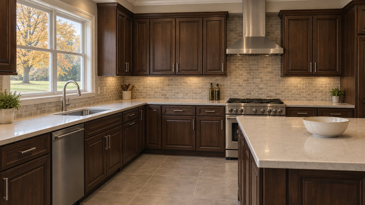 Dark raised-panel kitchen cabinets, pale quartz island and neutral tile flooring in afternoon light, with an amber-leaved maple visible through a closed window.