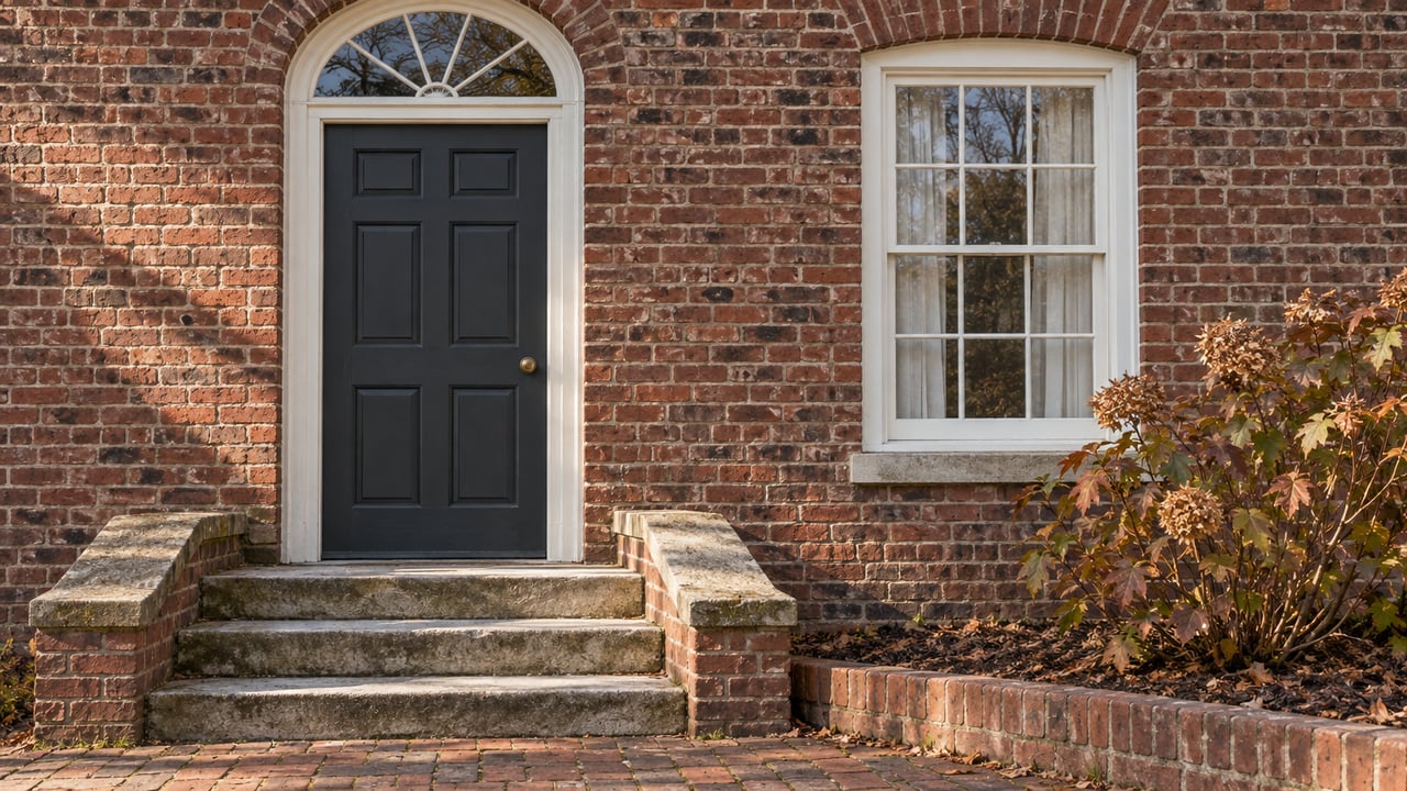 Sunlight across a weathered brick home's charcoal front door, fanlight, limestone steps and russet oakleaf hydrangea.