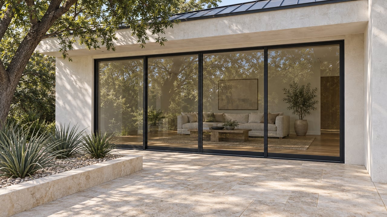 White stucco home with black-framed glass doors, a limestone terrace, and a sculptural live oak beside a raised planting bed.
