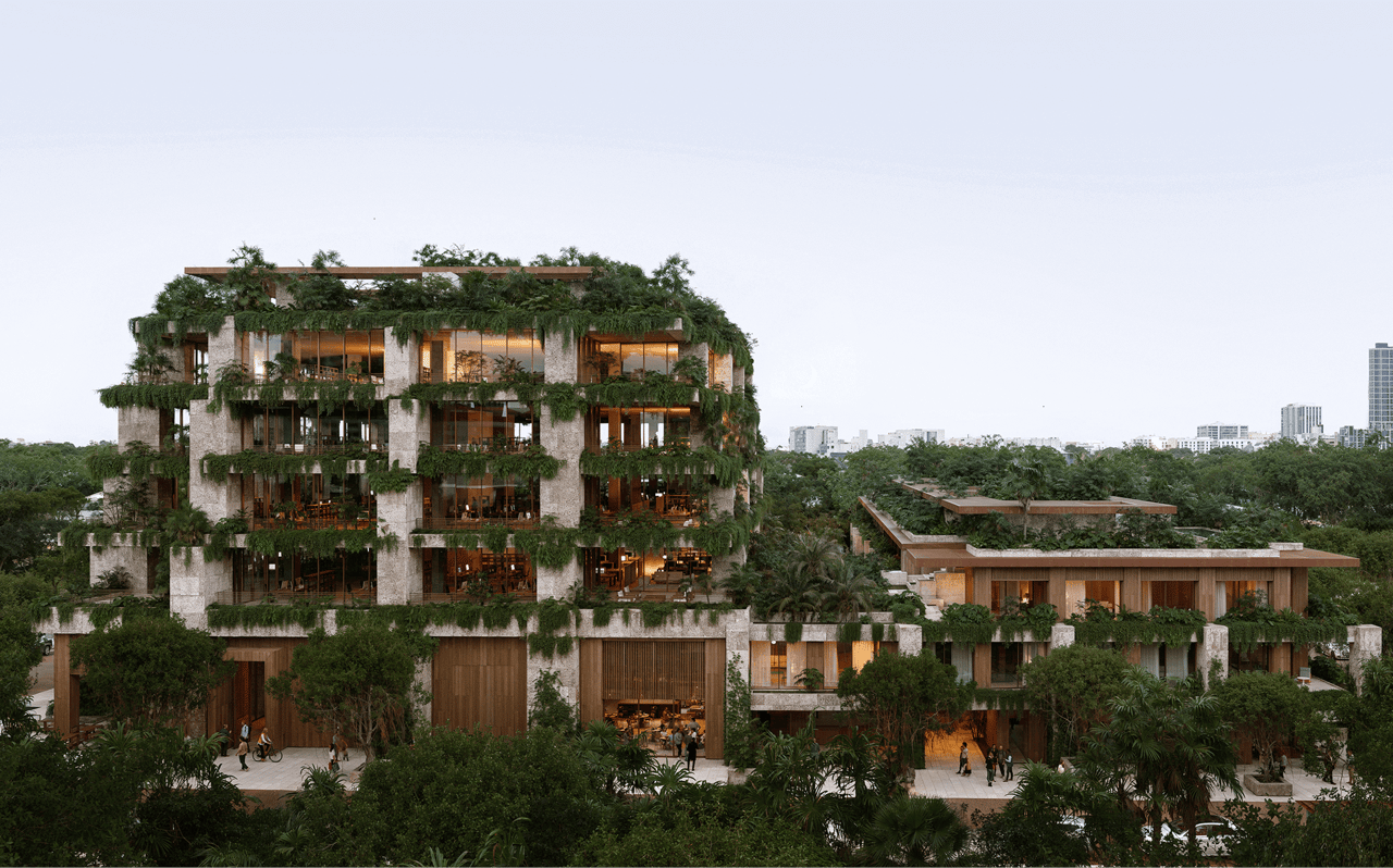 Ziggurat Coconut Grove’s stone-and-glass building with lush planted terraces and a low adjoining wing.