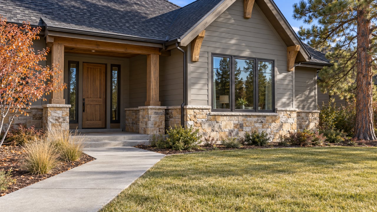 Autumn sunlight on a gabled home with sandstone walls, gray siding, a recessed oak entry and a mature pine beside the lawn.