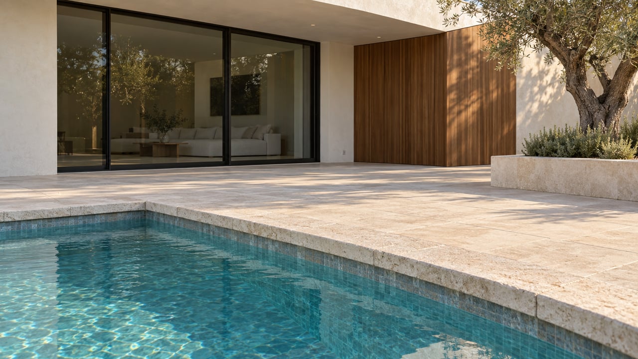 Pool corner and broad limestone terrace facing a stucco house with closed sliding glass doors and an olive tree.
