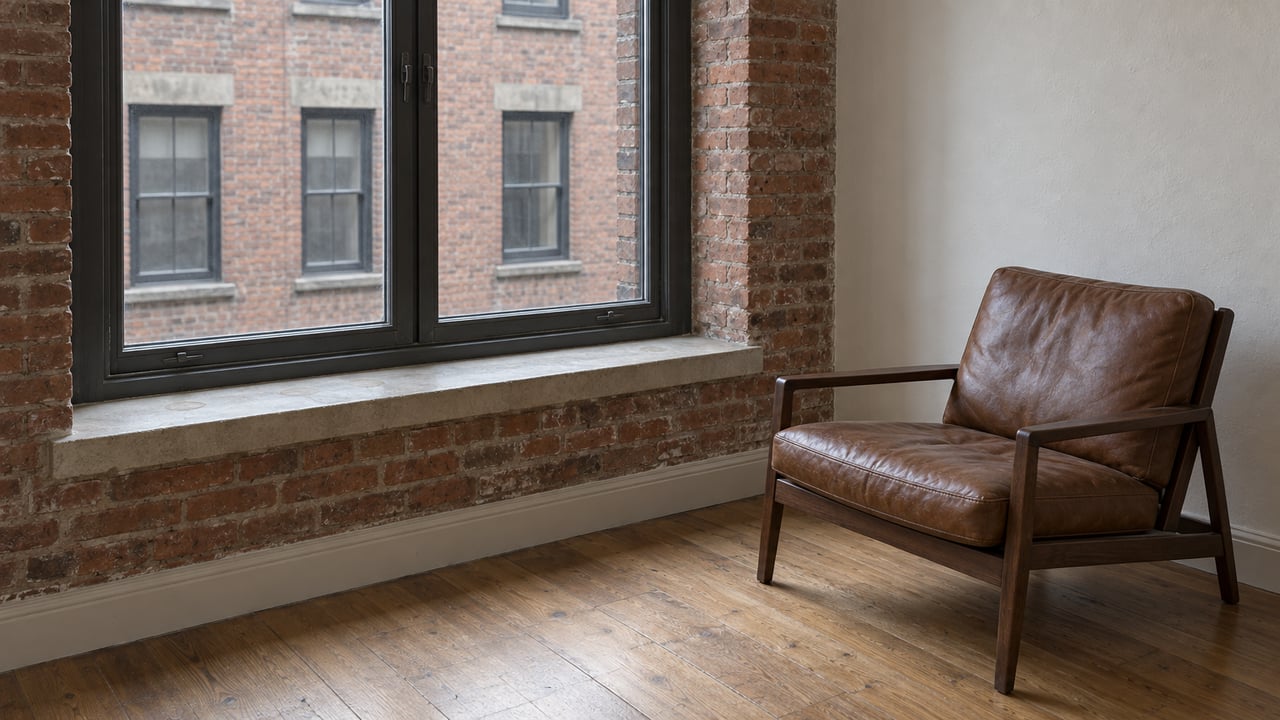 A leather lounge chair beside a tall closed window, with worn brick, a limestone sill and oak flooring.