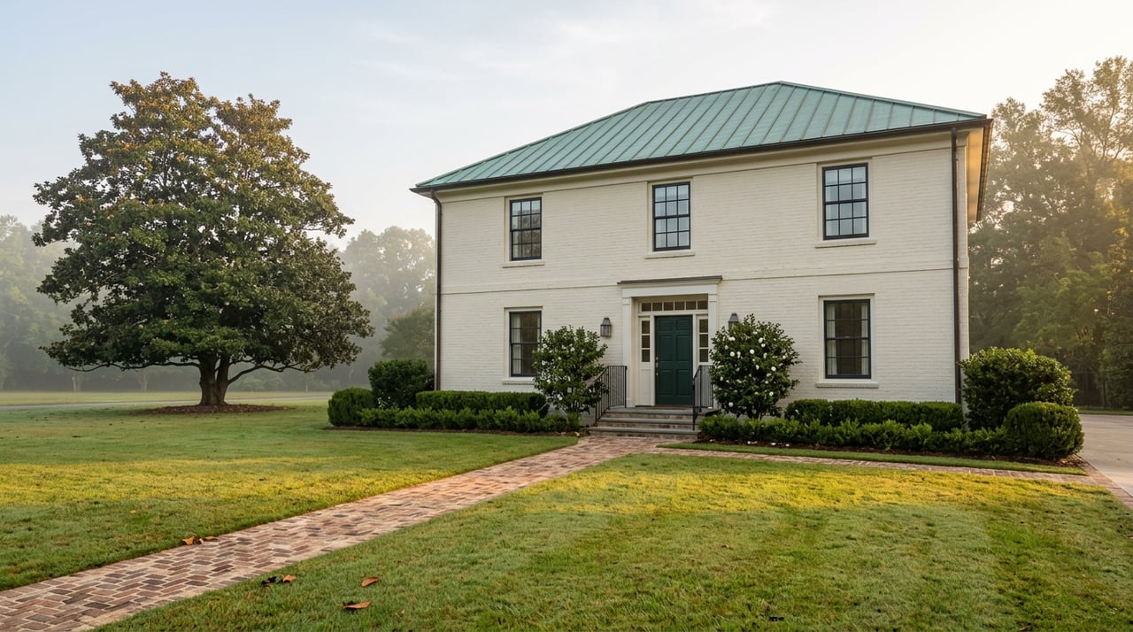Two-story cream brick residence behind a broad lawn, with a diagonal brick walkway and large magnolia tree.