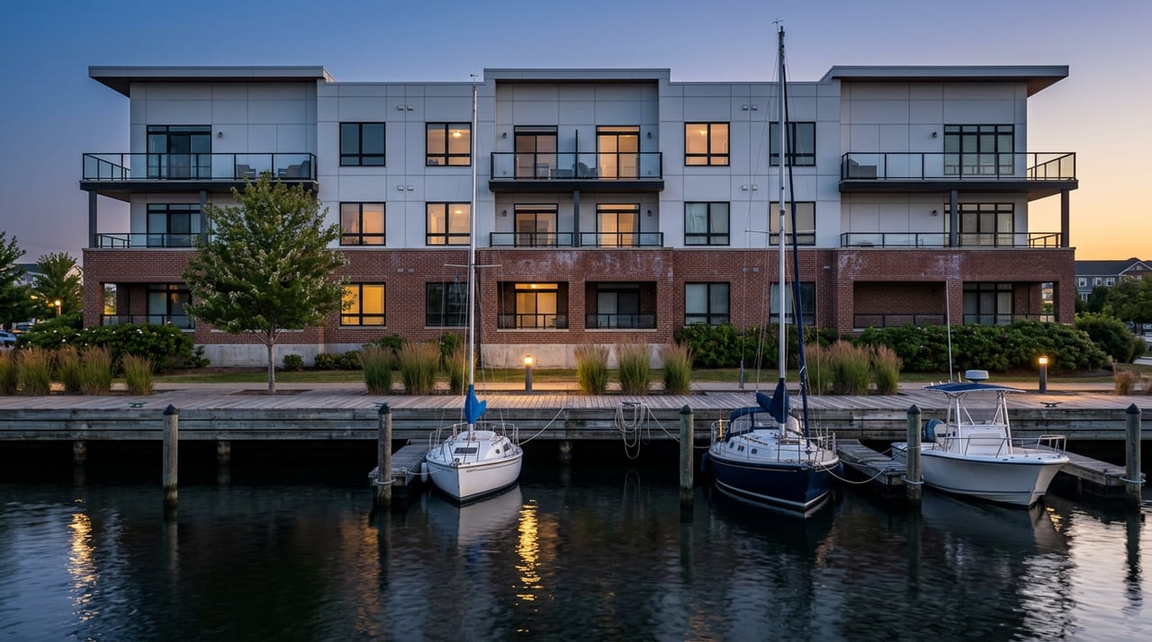 Mid-rise waterfront condos with glowing windows overlook moored sailboats, a motor launch, and a weathered dock at blue hour.