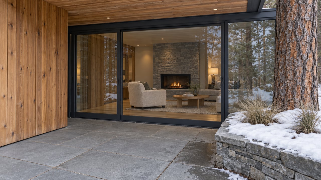 Cedar-clad home with closed glass doors, warm living room and a basalt terrace bordered by snow and a ponderosa pine.