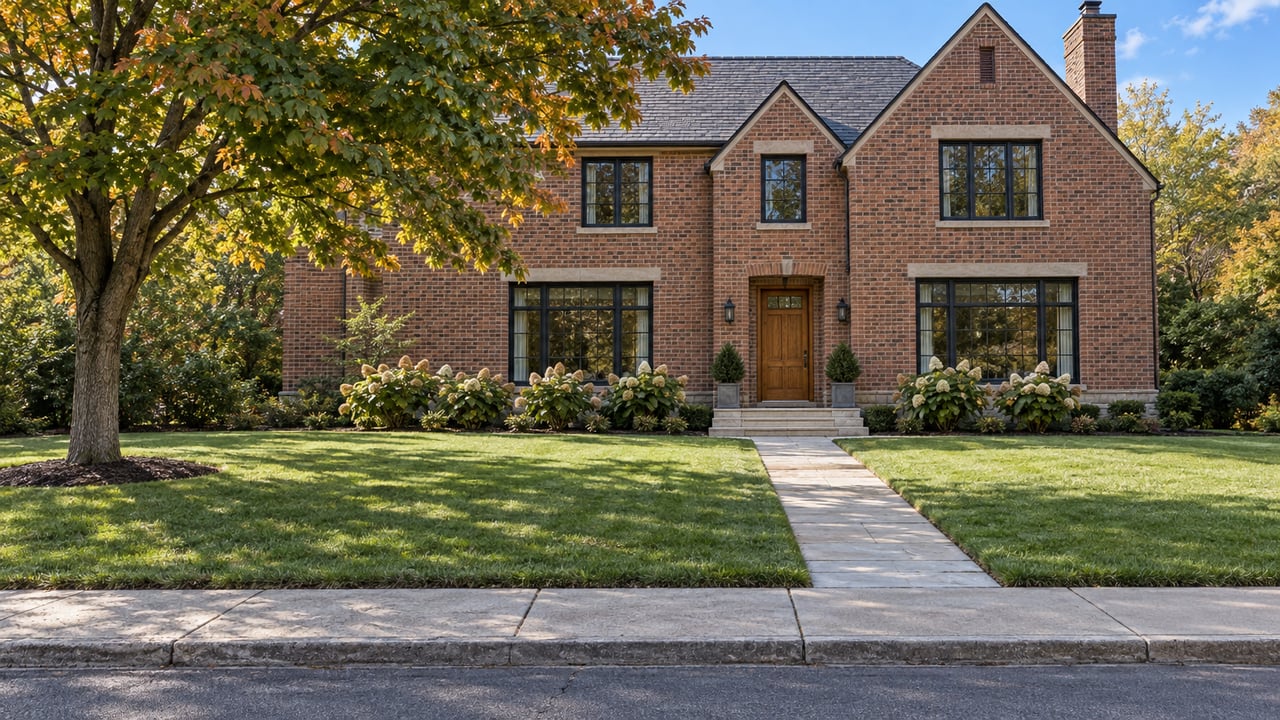 A deep green front lawn between a concrete sidewalk and a two-storey brick home, with a limestone approach and a mature maple.