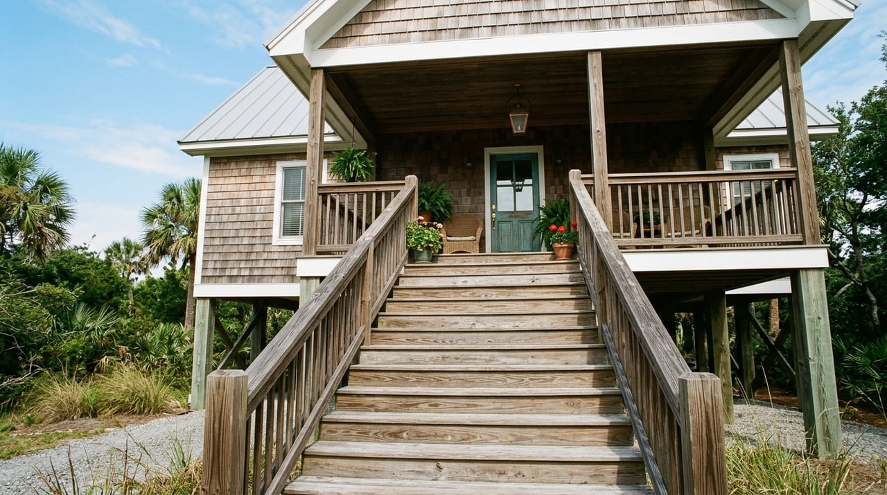 Raised coastal cottage viewed up its front stairs, with sunlit treads and pilings beneath a covered porch.