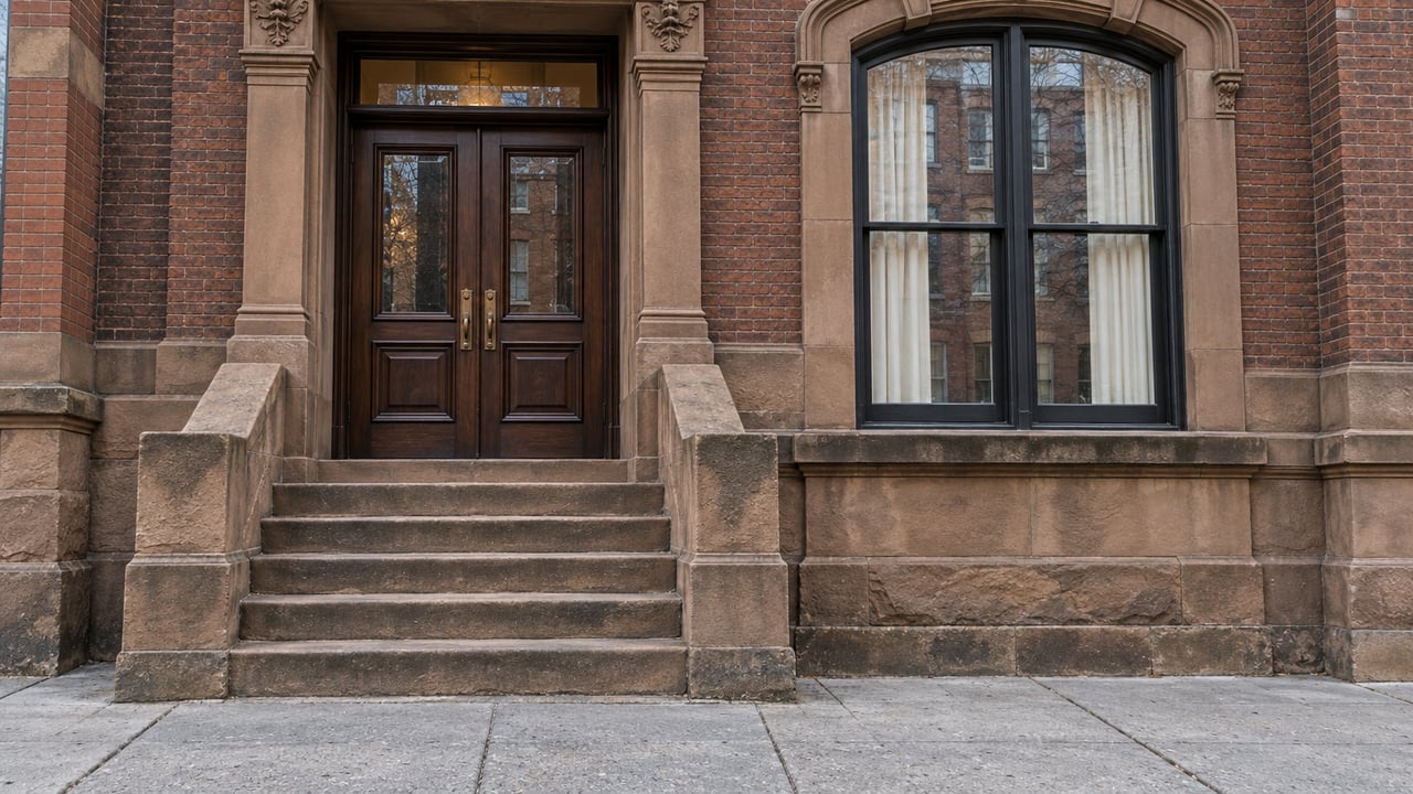 Weathered sandstone townhouse entrance with paired walnut doors, broad stone steps and a tall sash window beneath red-brown brickwork.