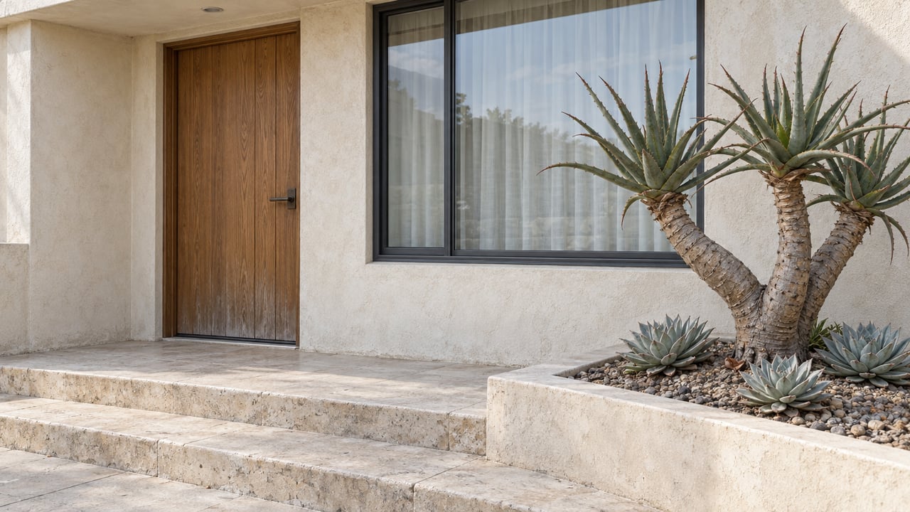 Ivory stucco home entrance with an oak door, broad window, pale stone steps and sculptural aloe in a raised planting bed.