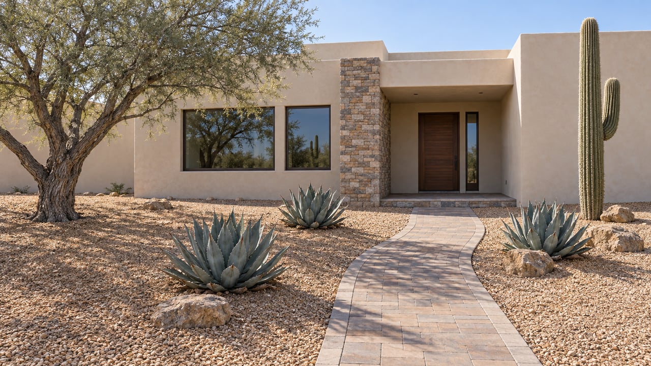 Single-story stucco and stone home behind a deep gravel garden with an ironwood tree, saguaro, and three agaves beside a paver approach.
