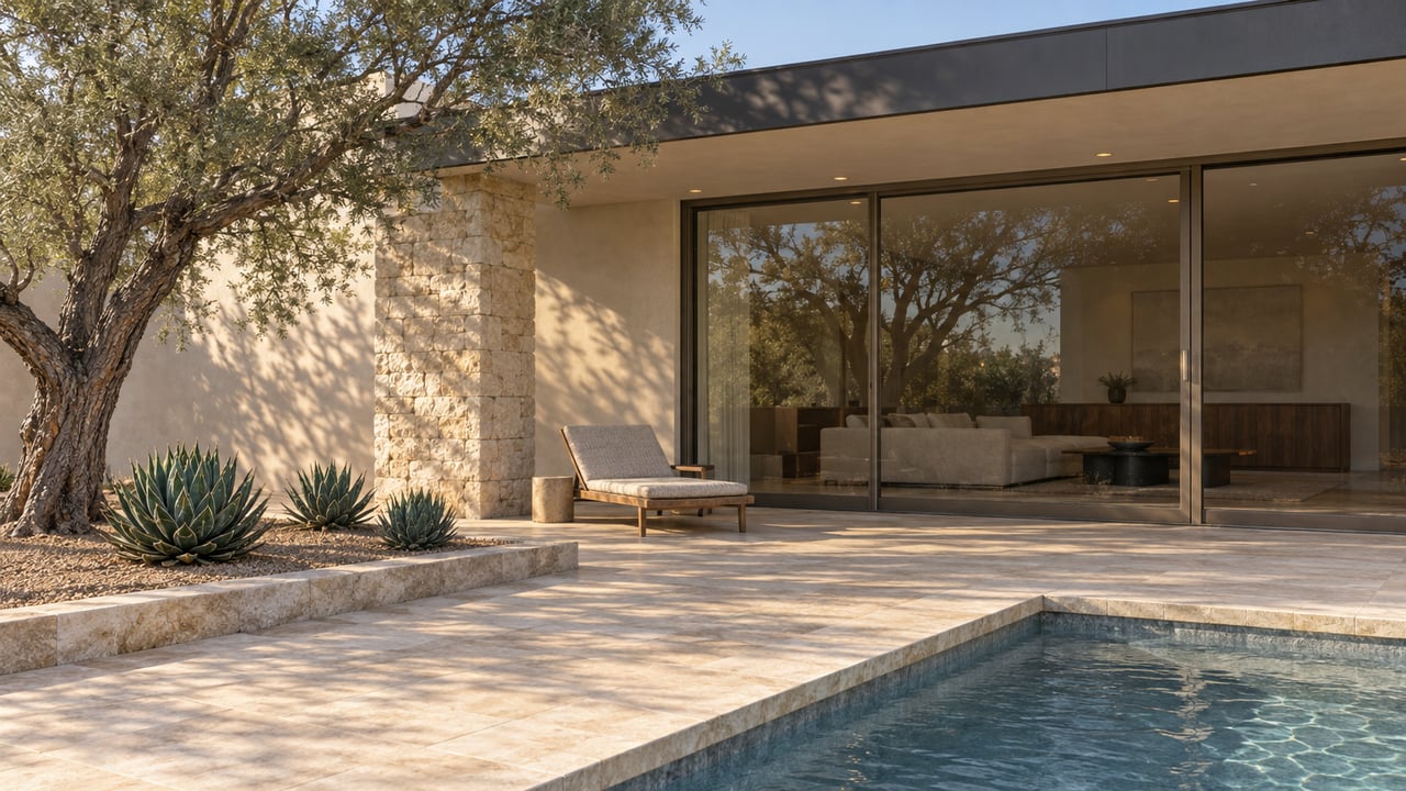 Modern stone-and-glass home with a shaded limestone terrace, teak lounge, sculptural ironwood tree and a pool corner in afternoon light.