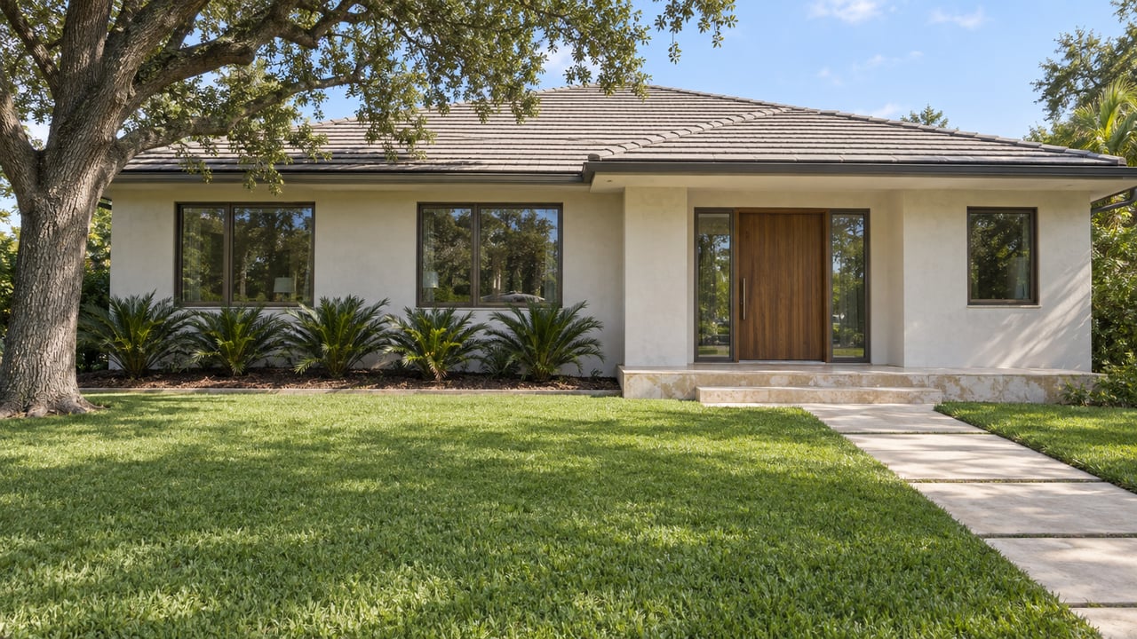 A renovated single-story stucco home behind a deep green lawn, with a spreading live oak and a pale stone entry terrace.