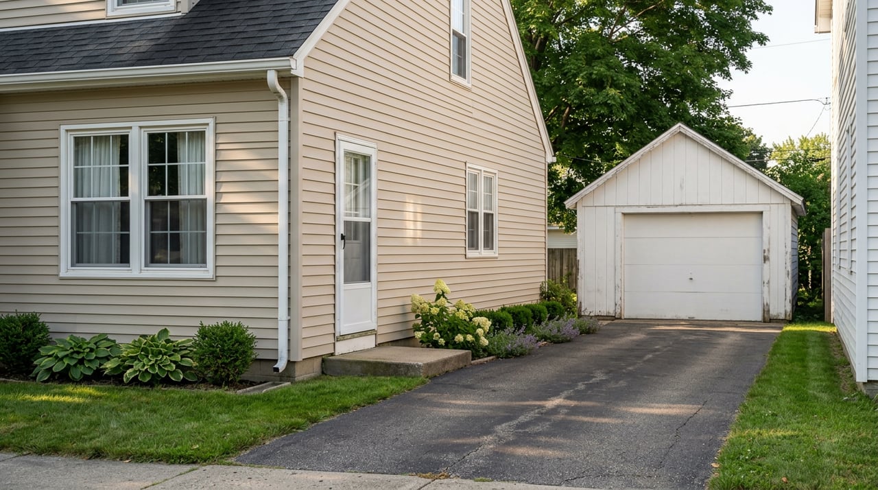 Narrow driveway between a beige-sided house and white detached garage, bordered by lawn and flowering hydrangea.