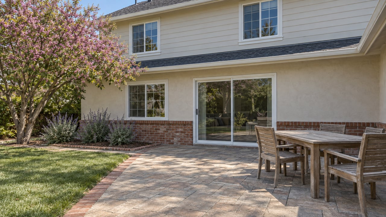 Two-story suburban home with ivory siding, sand-colored stucco, a brick base and a paved backyard patio with teak dining furniture beside a lawn and flowering shrubs.