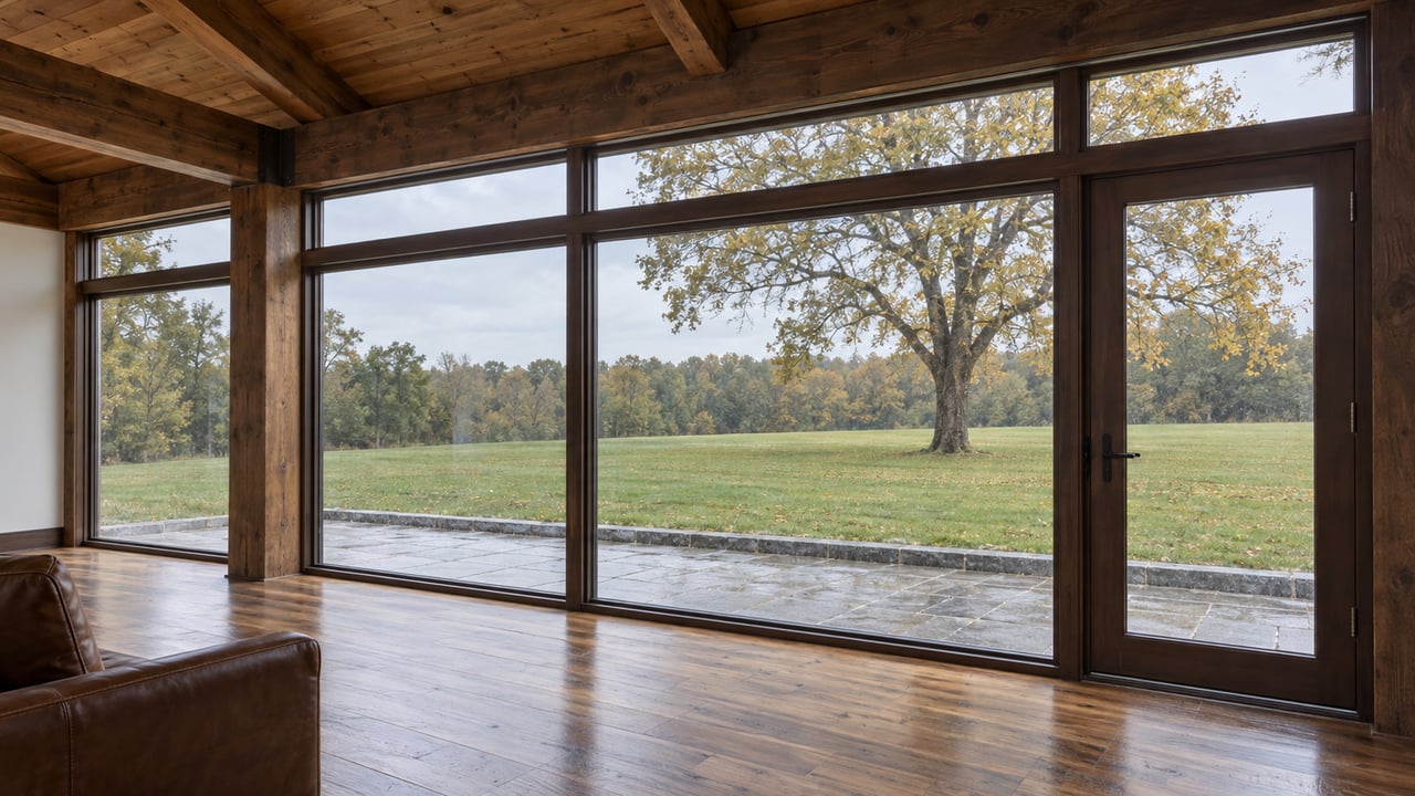 Timber great room opens onto a stone terrace and broad lawn with a mature oak.