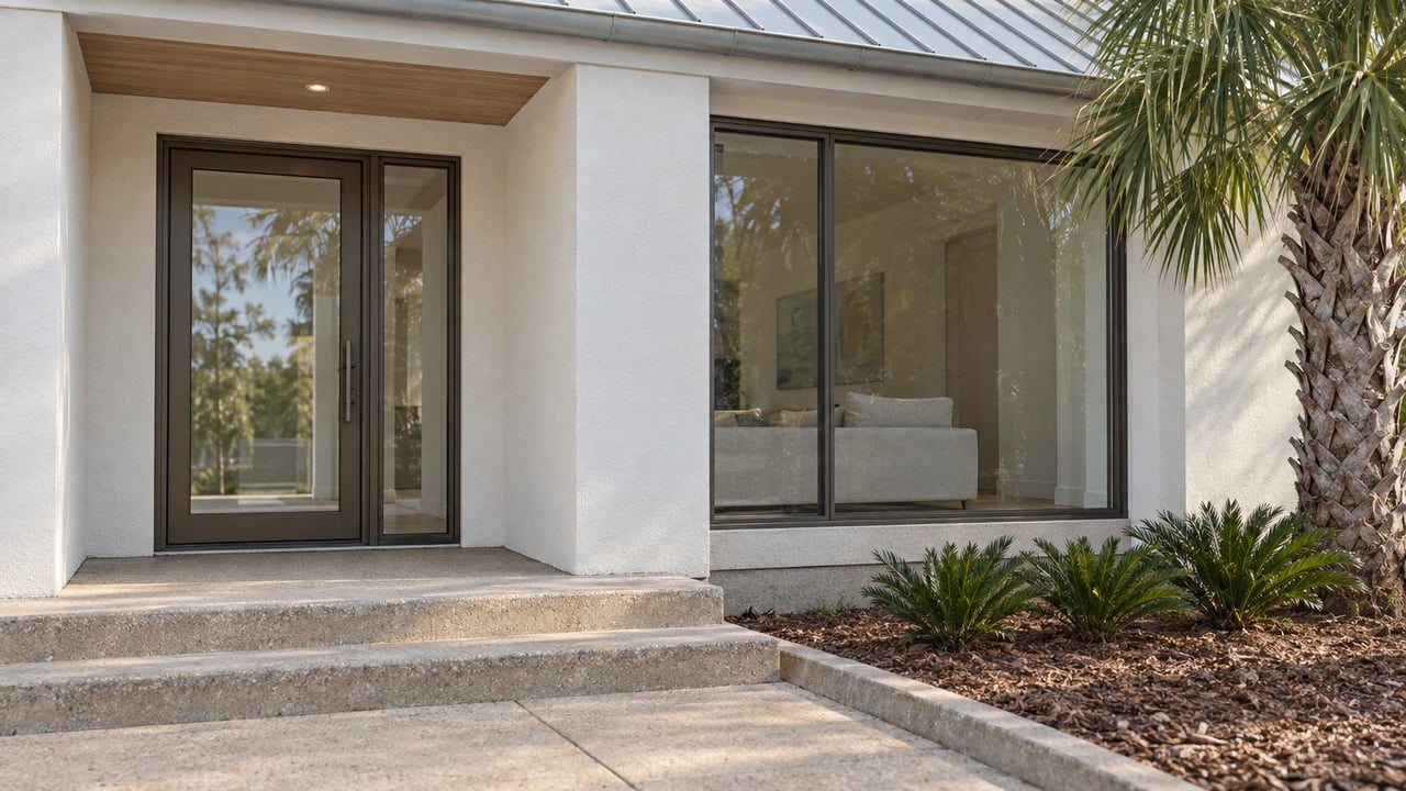 Contemporary coastal home's shaded glass entry and bronze-framed window above sand-colored concrete steps, beside a sculptural palm and coontie planting.