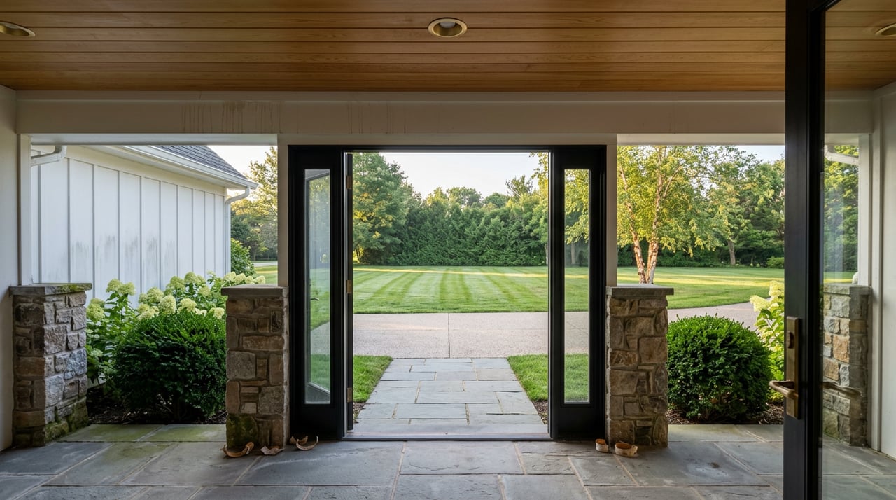Stone porch piers frame a black steel doorway opening onto a dew-covered lawn and distant tree line.