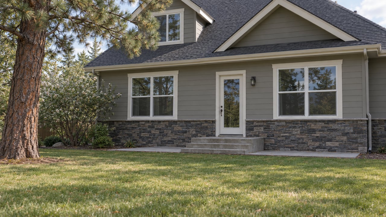 Two-story gray house with a glazed back door, concrete steps, and a broad lawn beneath pine branches.