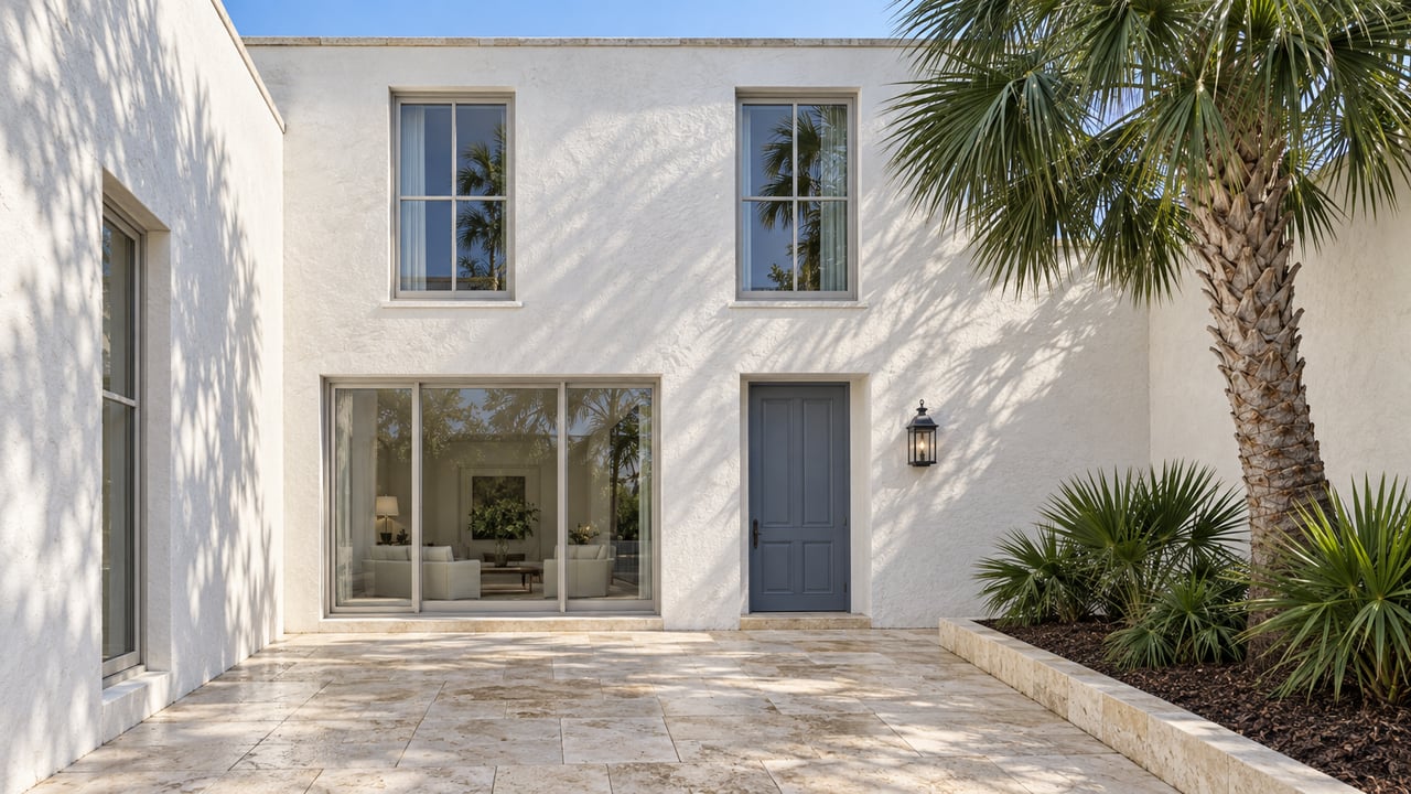White masonry courtyard home with a blue-gray entry door, tall recessed windows, limestone paving and a mature palm in a curbed planting bed.