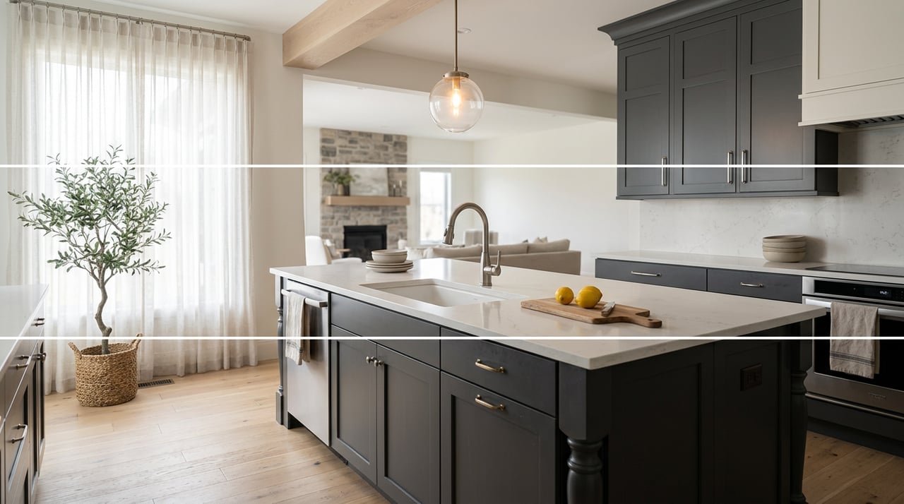 Kitchen with white quartz island, charcoal cabinets, glass pendant, lemons, and potted olive tree.