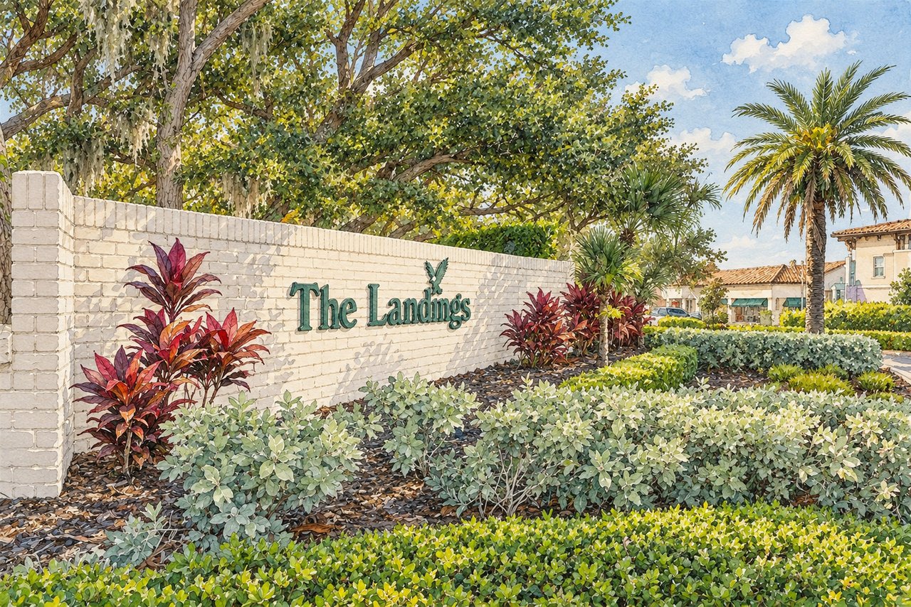 The Landings entrance sign on a pale brick wall surrounded by tropical landscaping.