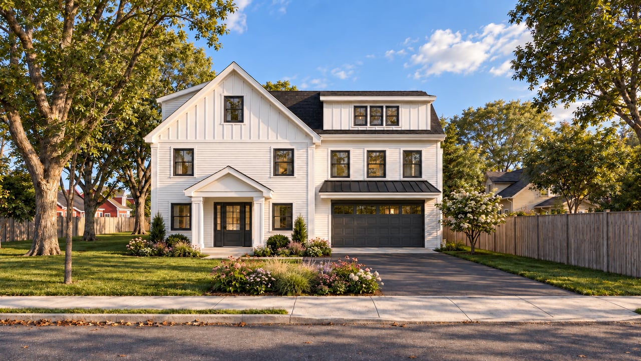 White two-story house with a black garage door, landscaped flower beds, and mature trees.