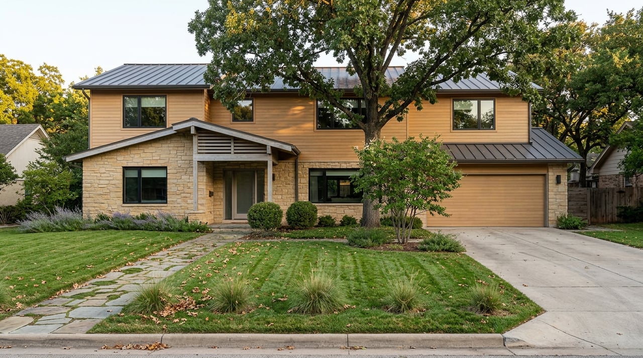 Two-story stone-and-wood home set behind a deep lawn, beneath a mature oak canopy.