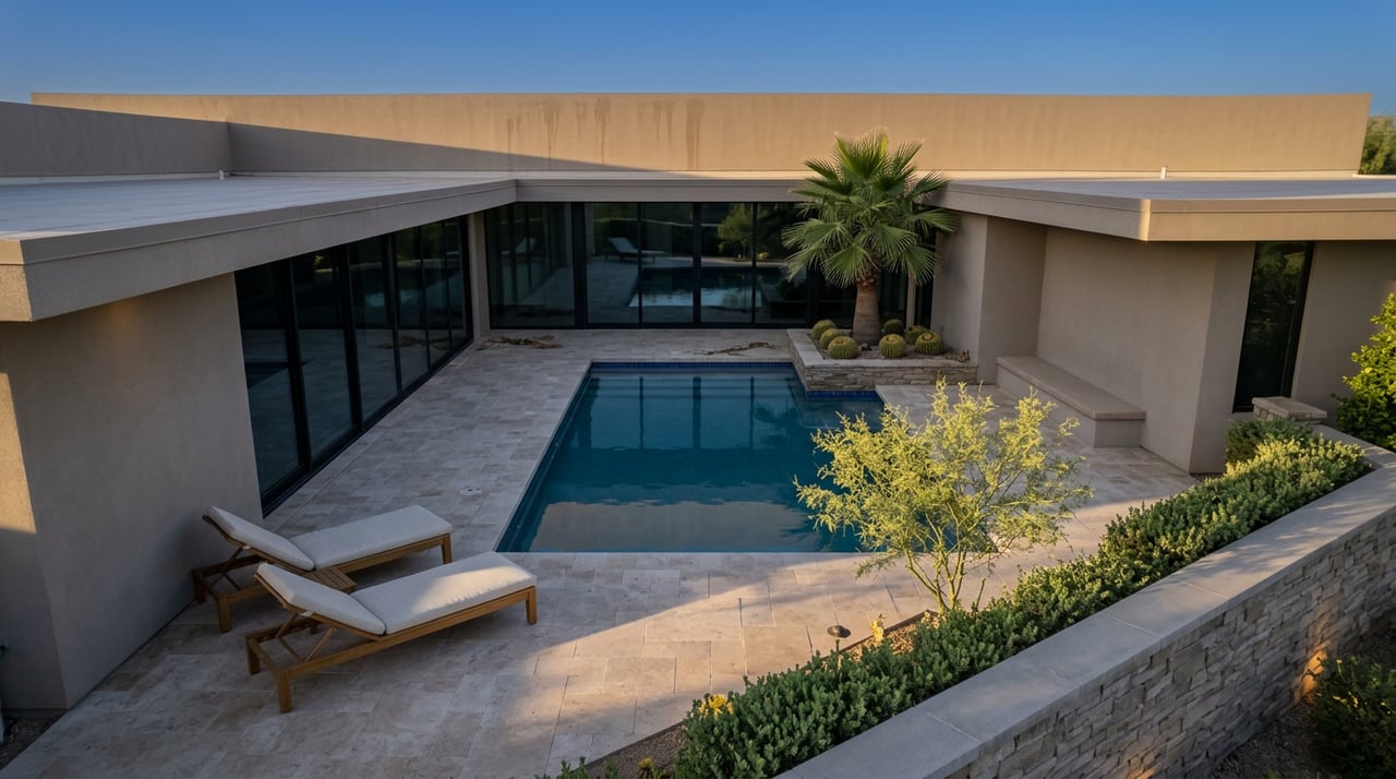 Enclosed desert-home courtyard with a rectangular pool, travertine deck, two teak chaises, and palms at dusk.