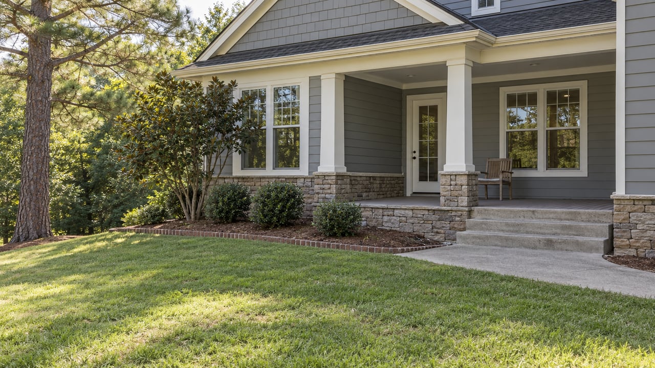 Gray-sided home with a raised covered porch, stone base and concrete steps beside a sloping lawn, pine tree and carefully placed shrubs.