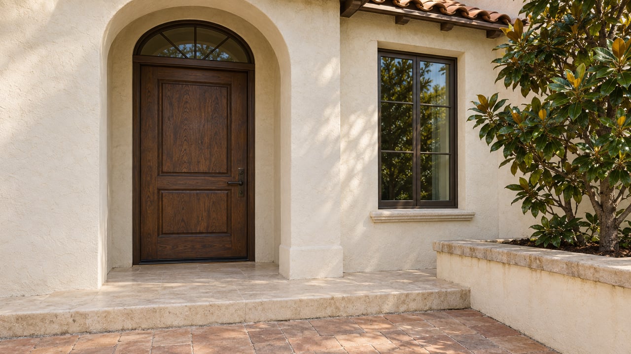 Close view of an ivory stucco home entrance with a recessed oak door, clay roof tiles, limestone steps and glossy magnolia leaves.