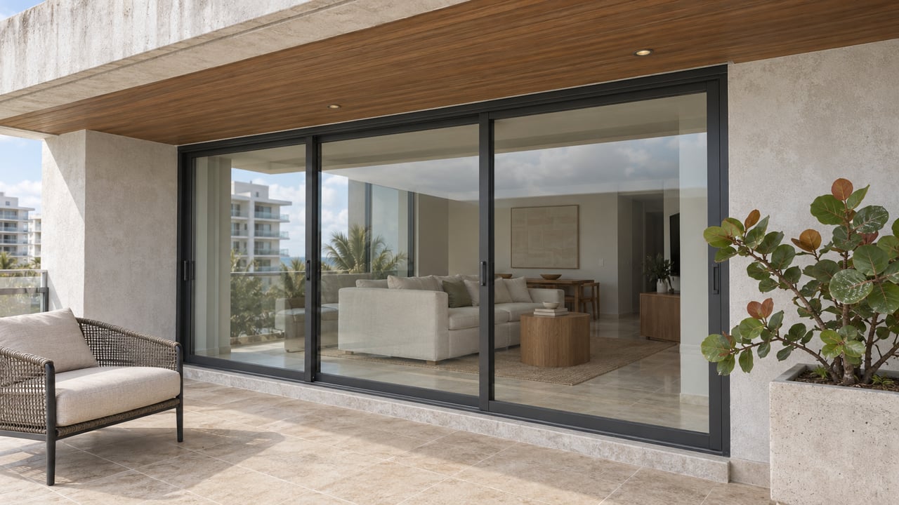 Covered contemporary terrace with weathered pale concrete, wood soffit, closed dark-framed glass doors and a sculptural sea grape in a concrete planter.