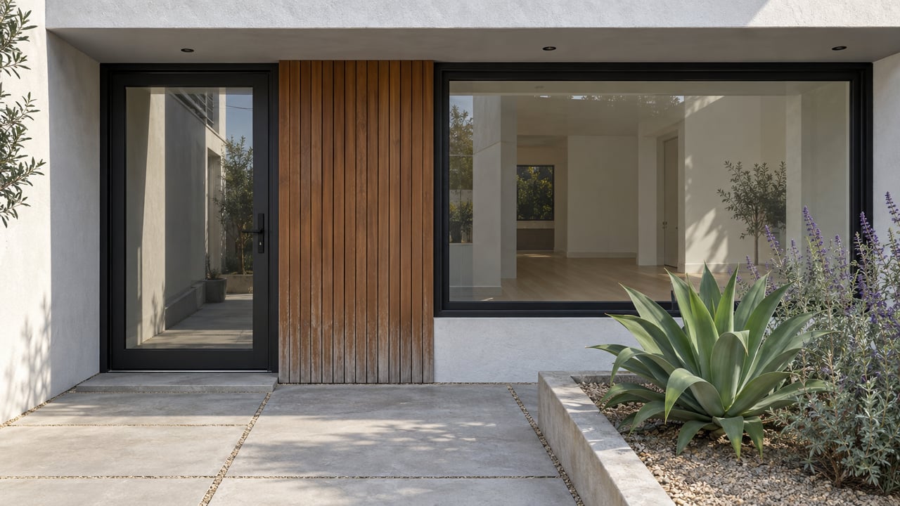 Compact white residence with a black-framed glass entry, cedar-clad pier, and agaves in a gravel planting pocket.
