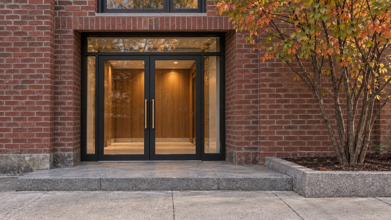Paired glass doors recessed into a red brick residential entrance, with brass pulls, a granite step and a copper-leaved serviceberry.