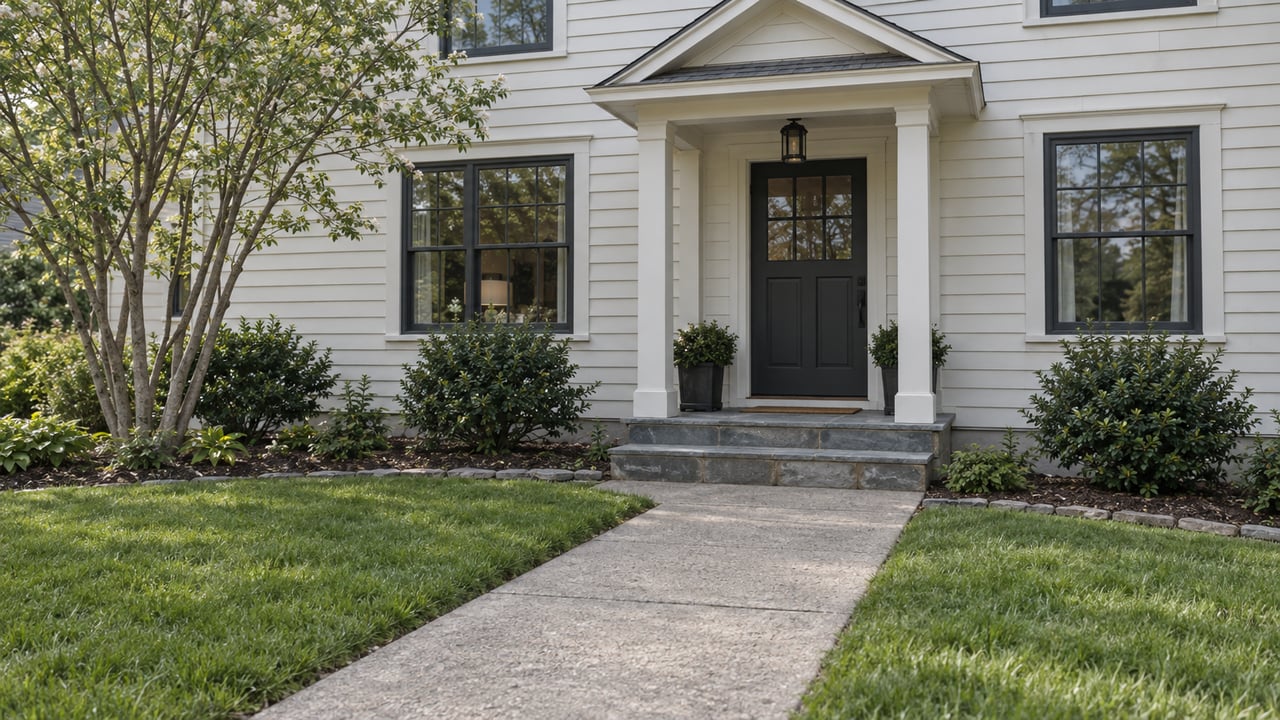 Off-white clapboard house with a dark entry door, bluestone steps, concrete walkway, and lawn.