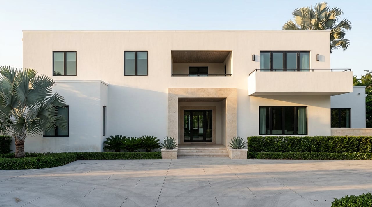 Two-story white stucco estate with a central stone entry, motor court, and silver-blue palm canopy.