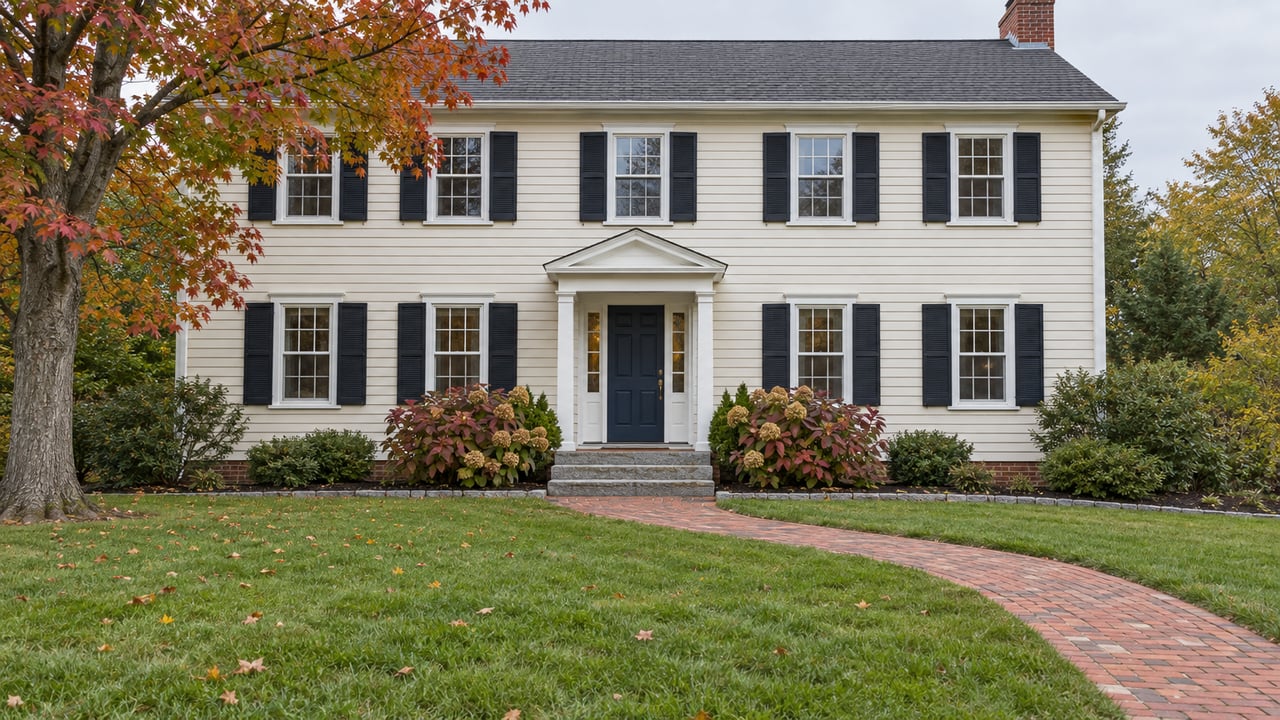 Ivory clapboard home with black shutters, a navy entry door, a brick front walk and an autumn maple beside a broad lawn.