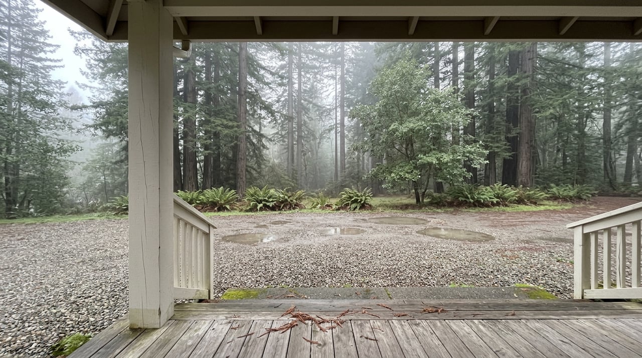 Weathered porch overlooking a puddled gravel drive, with redwoods and a moisture-beaded tanoak fading into fog.