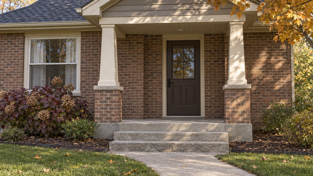 Brick home with an ivory-columned porch, concrete front steps, and burgundy oakleaf hydrangea beside a window.