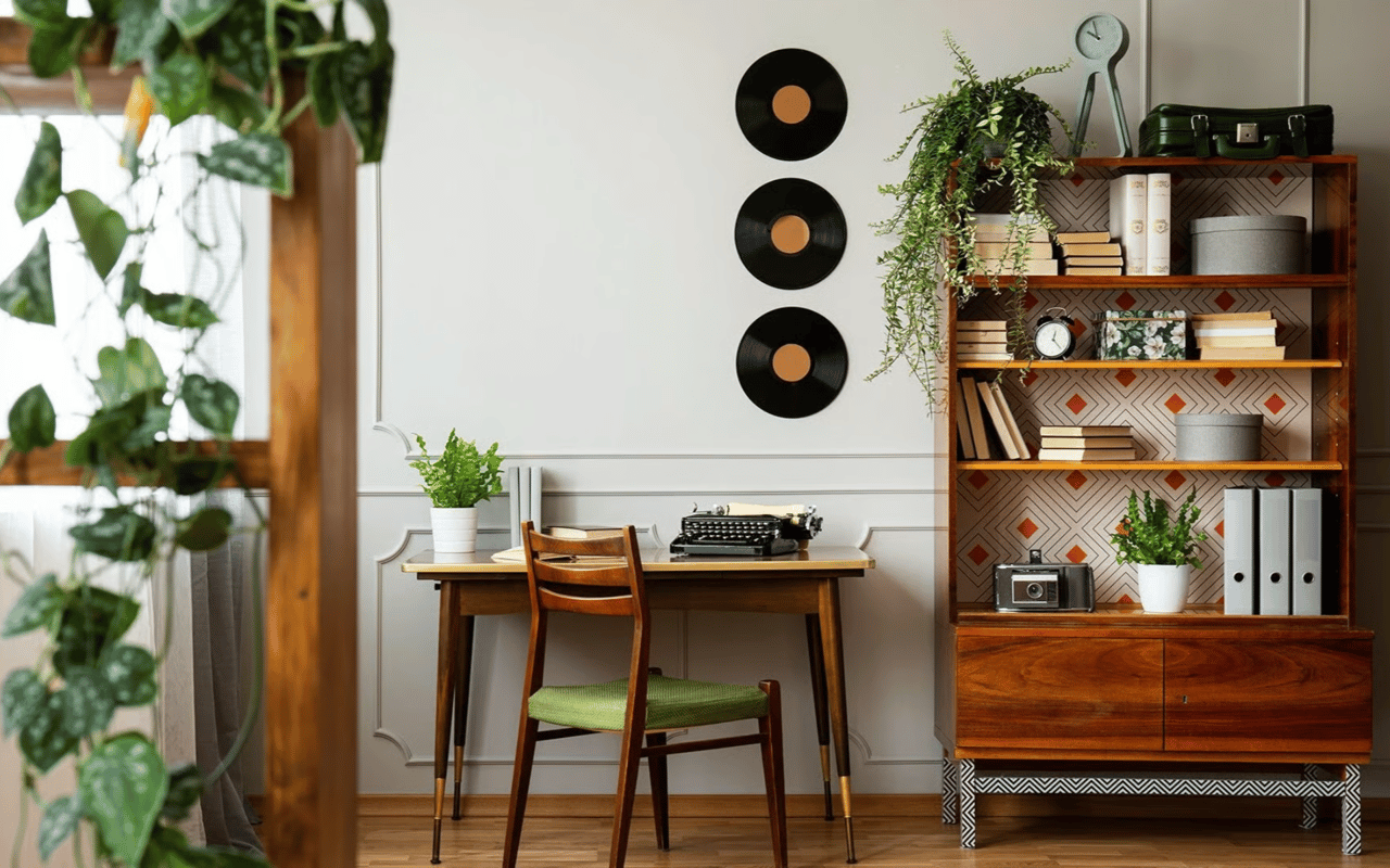 Home office with a wooden desk, typewriter, leafy plants, and a patterned bookcase.